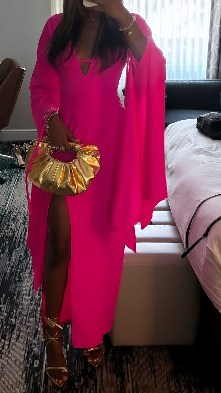 Chic Hot Pink V Neck Long Prom Dress Sexy Slit Party Dress - VelvetHem