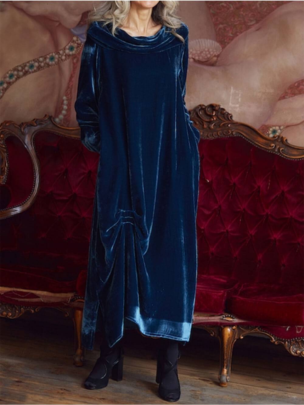 Draped Neck Ruched Velvet Midi Dress