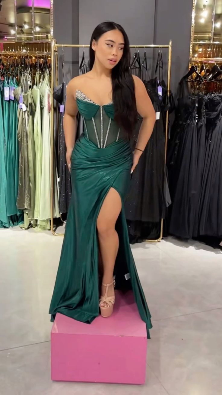 Dark Green Mermaid Strapless Long Corset Prom Dress with Beading - VelvetHem