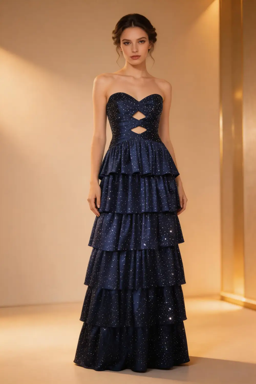 Navy Blue Sparkly Strapless Tiered Prom Dress Formal Evening Gown by tangjianjun