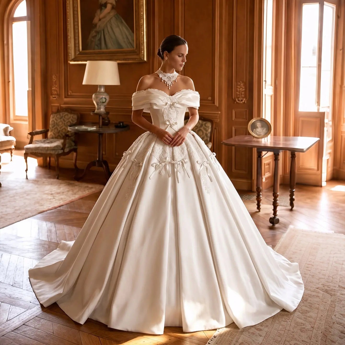Off the Shoulder White Satin Ball Gown Wedding Dress with Long Cathedral Train ZP017