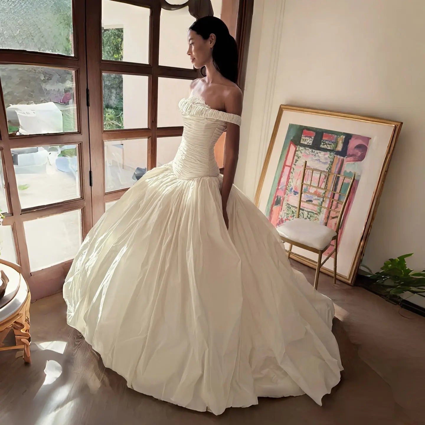 Elegant Ivory Strapless Ruched Satin Ball Gown Wedding Dress ZP070