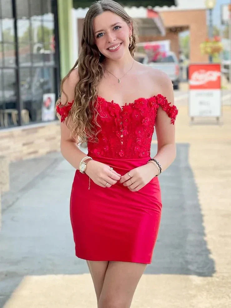 Gorgeous Sheath Off the Shoulder Black Short Homecoming Dress with Appliques - View 6 | VelvetHem