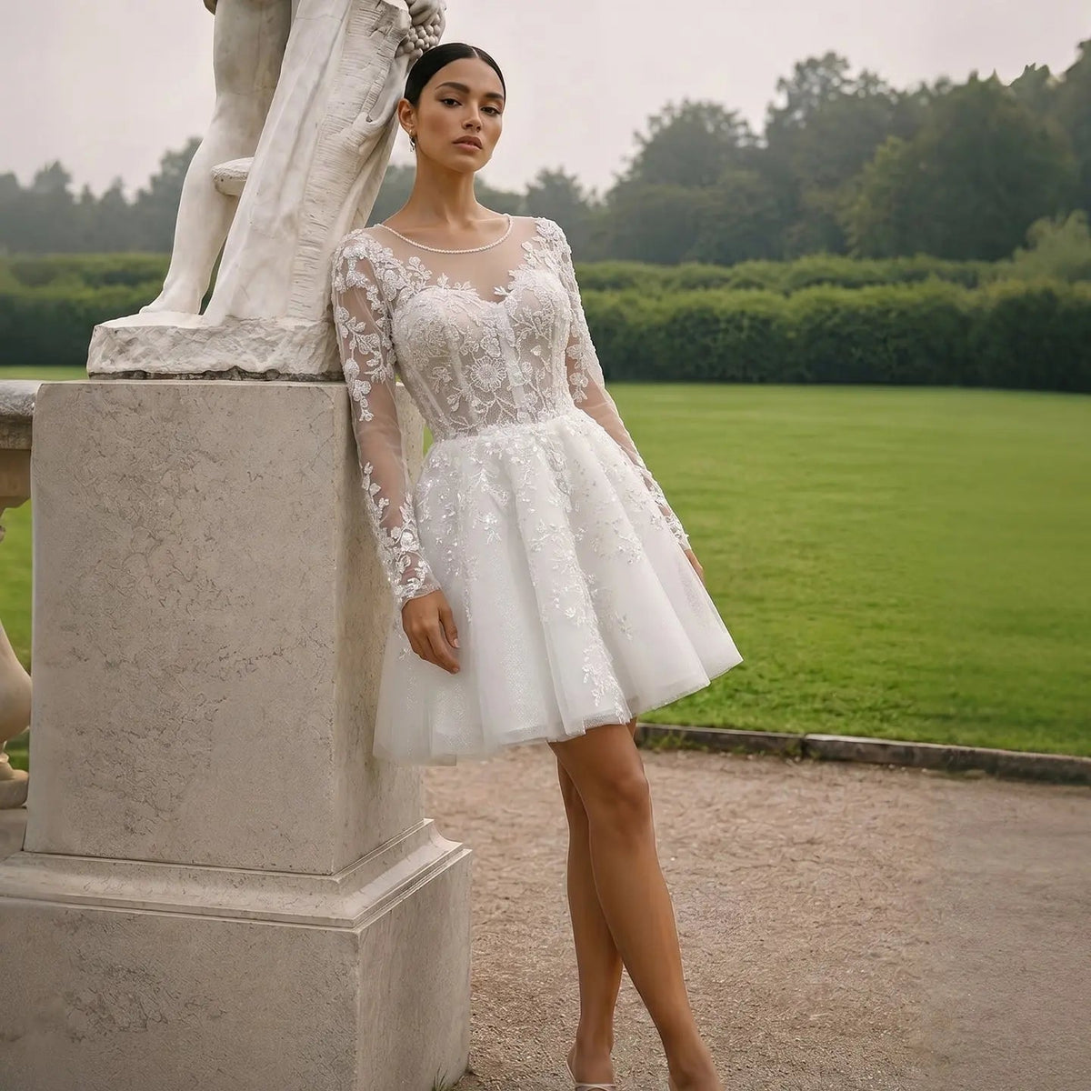 Elegant Off White Long Sleeve Lace Short Wedding Dress ZP050