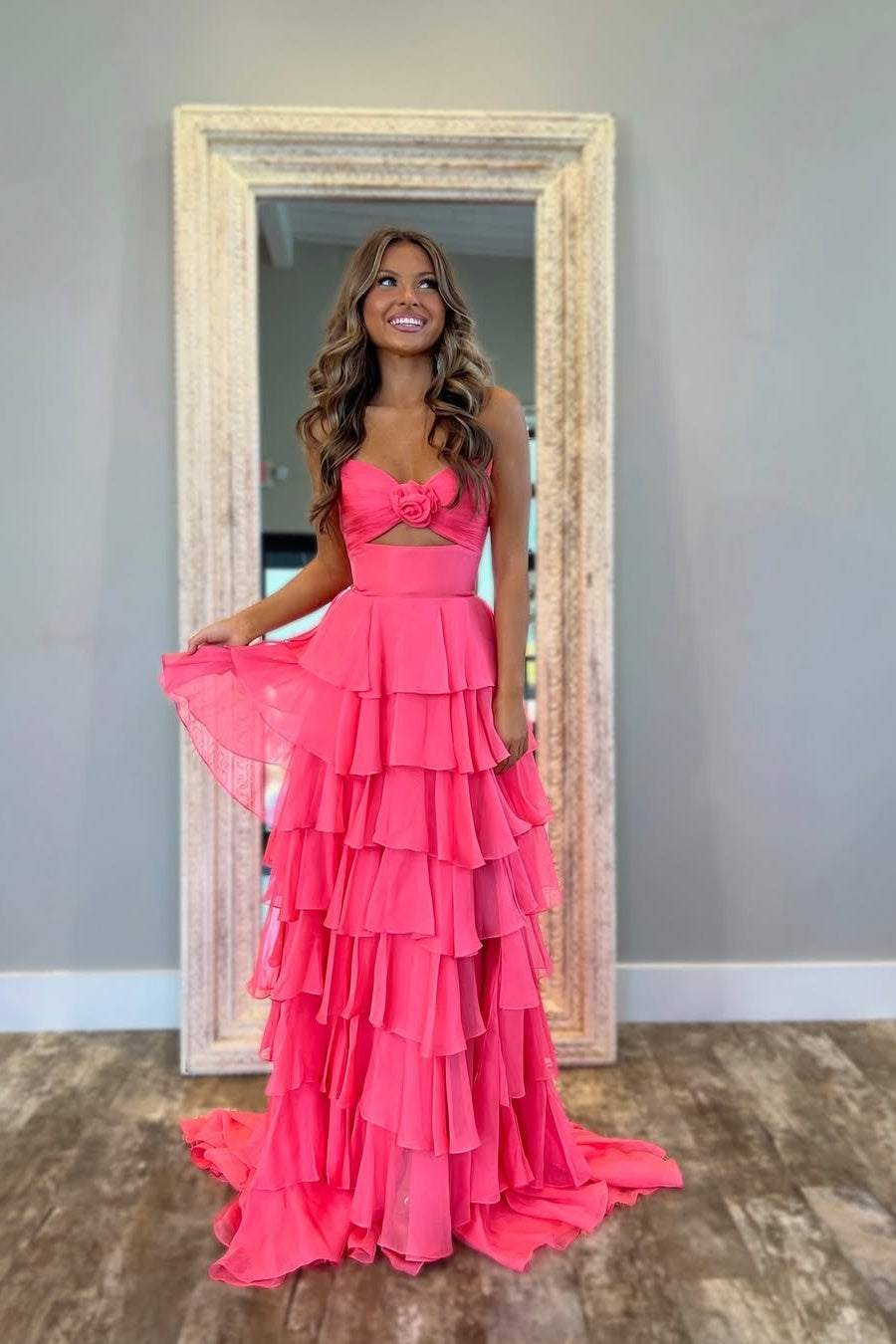 Sweety A-Line Sweetheart Pink Printed Long Tiered Prom Dress with Slit - View 9 | VelvetHem