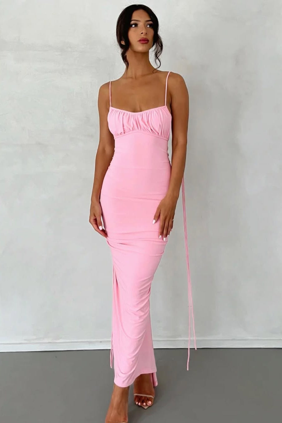 Stylish Sheath Spaghetti Straps Pink Tea Length Party Dress with Backless - View 5 | VelvetHem