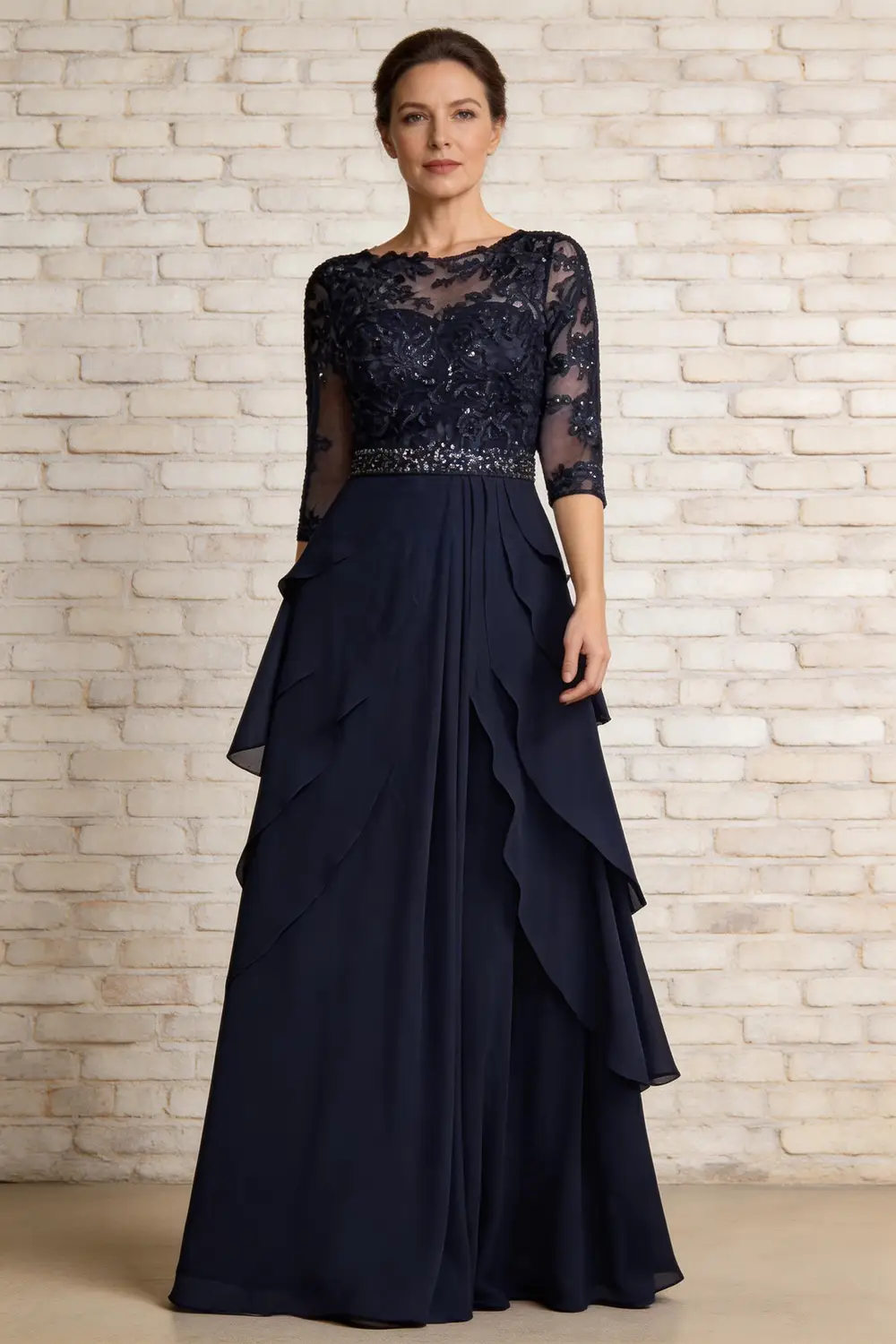 Navy Blue Lace Applique Chiffon Mother of the Bride Dress by tangjianjun