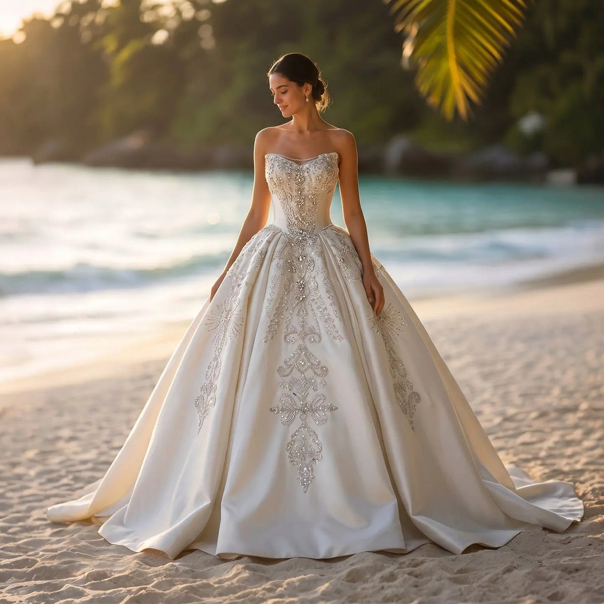 White Satin Strapless Ball Gown Wedding Dress with Luxurious Beaded Lace and Cathedral Train ZP016
