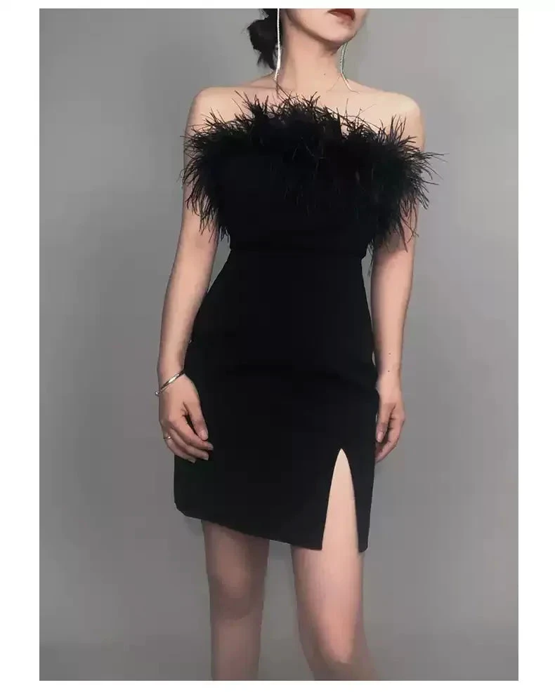 Womens Feather Off Shoulder Bandage Dresses Side Split Cocktail Party Bodycon Dress Black Short Homecoming Dress Y1356 by simplepromdress