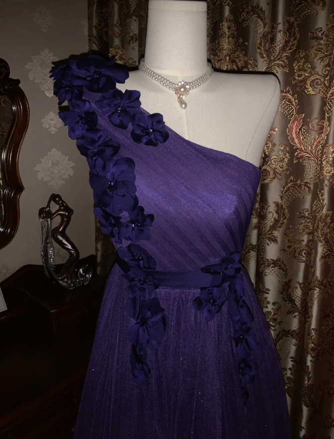 Elegant Purple One Shoulder Tulle Appliques A Line Wedding Guest Dress Long Party Dress - View 4 | VelvetHem