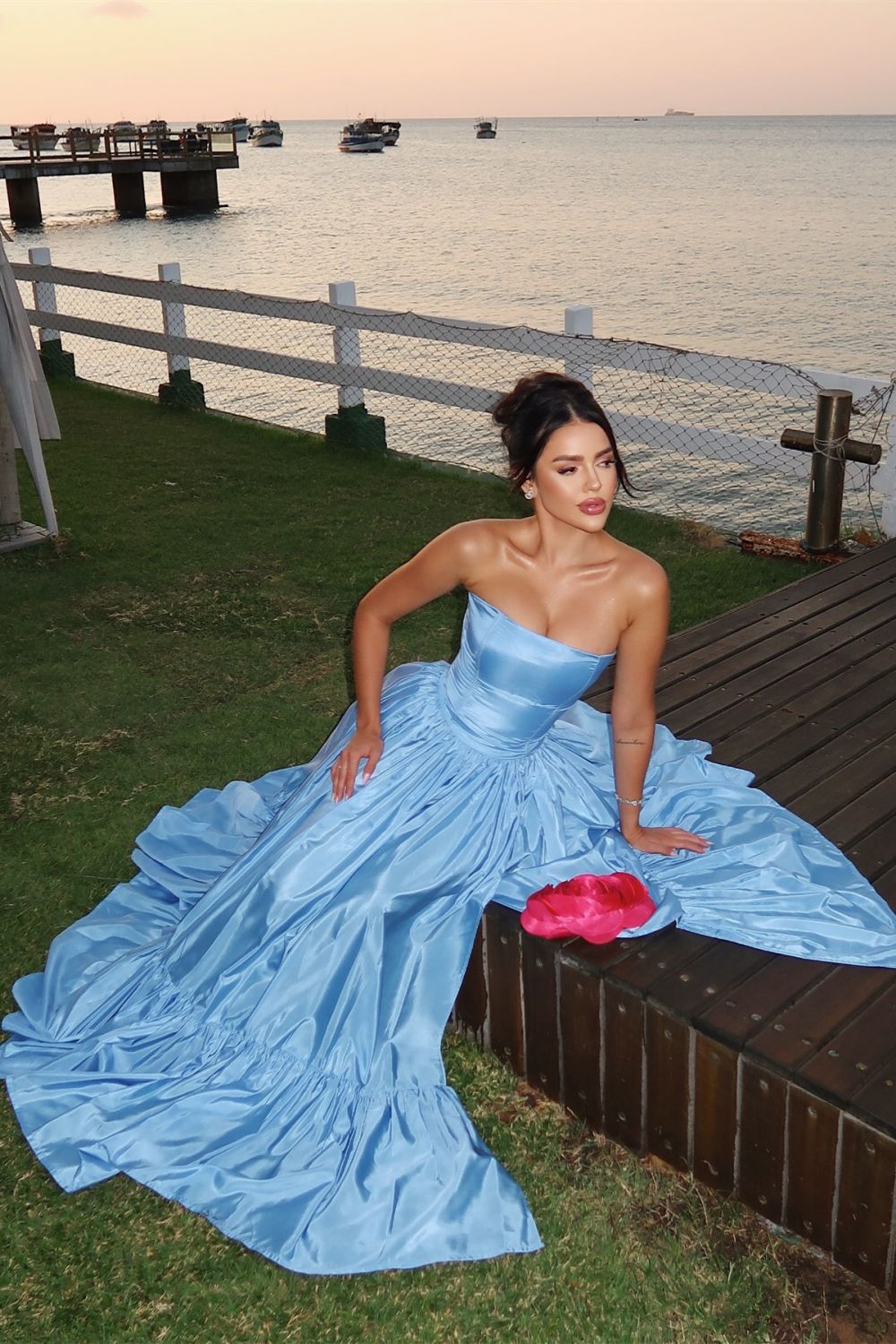 Charming A Line Strapless Blue Satin Long Prom Dress with Split Front - View 8 | VelvetHem