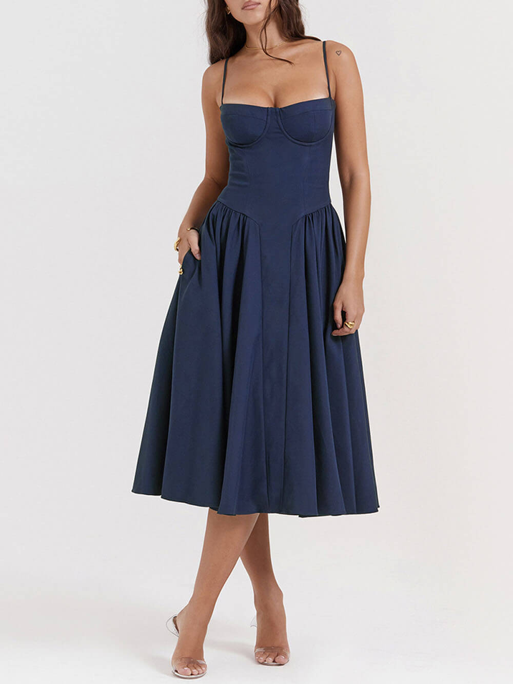 V Neck Strapless Midi Dress