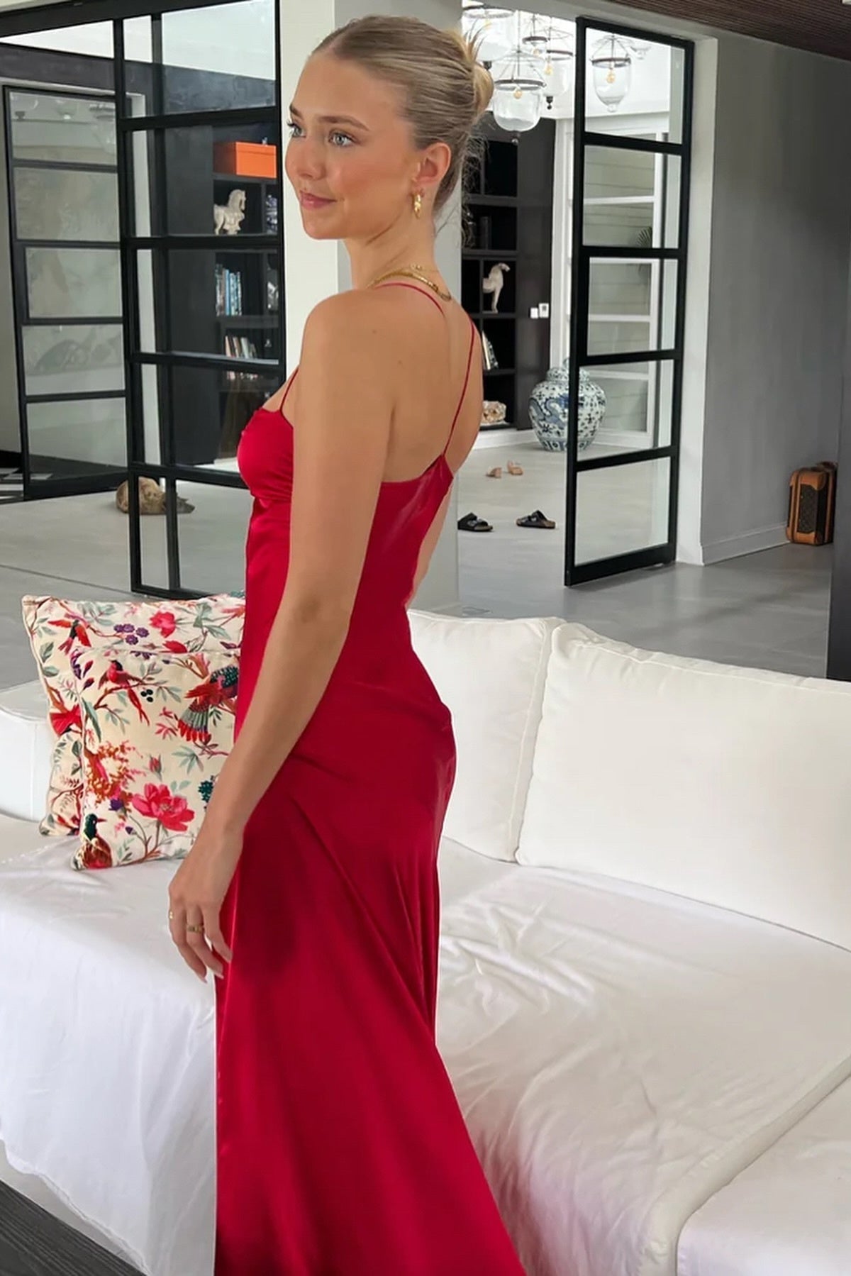 Simple Sheath Spaghetti Straps Pink Long Party Dress with Split Front