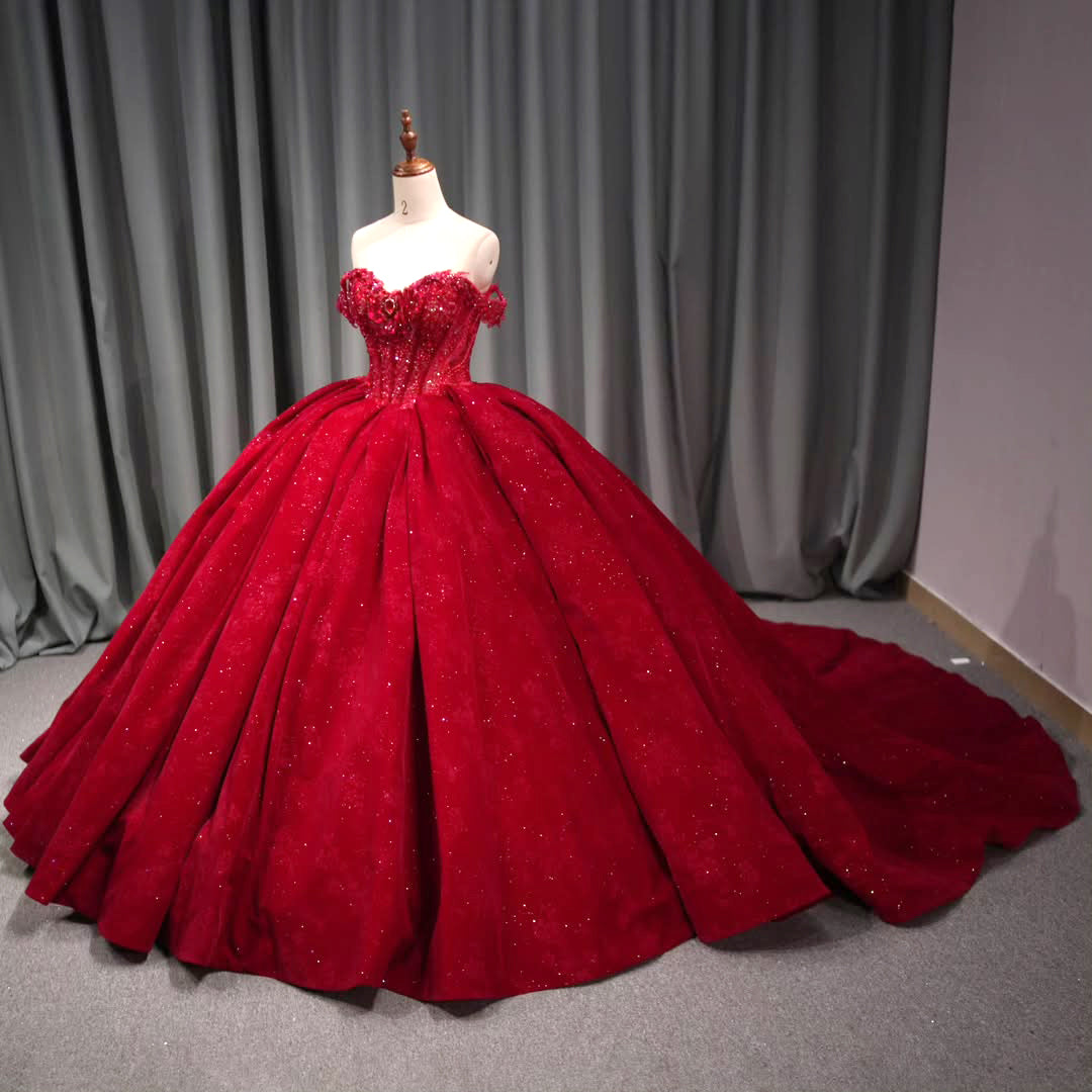 Gorgeous Ball Gown Off the Shoulder Red Quinceanera Dress with Appliques Beading - View 3 | VelvetHem
