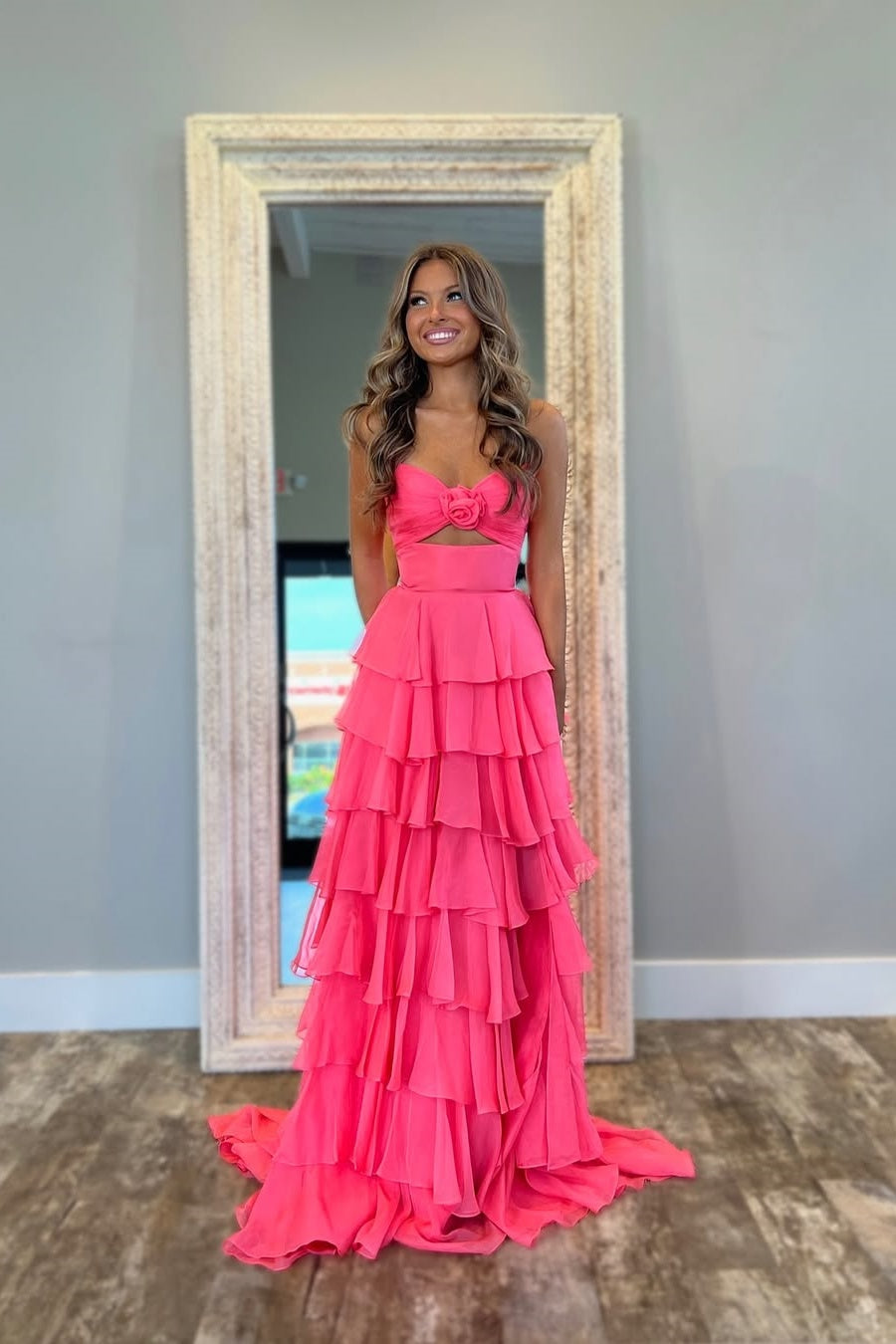 Sweety A-Line Sweetheart Pink Printed Long Tiered Prom Dress with Slit - View 10 | VelvetHem