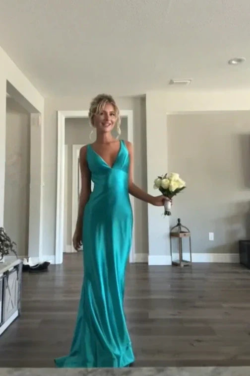 Simple Mermaid V Neck Green Long Prom Dress with Open Back