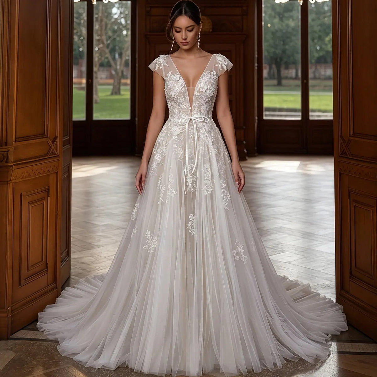 Elegant Ivory V-Neck Cap Sleeve A-Line Lace Tulle Wedding Dress ZP055