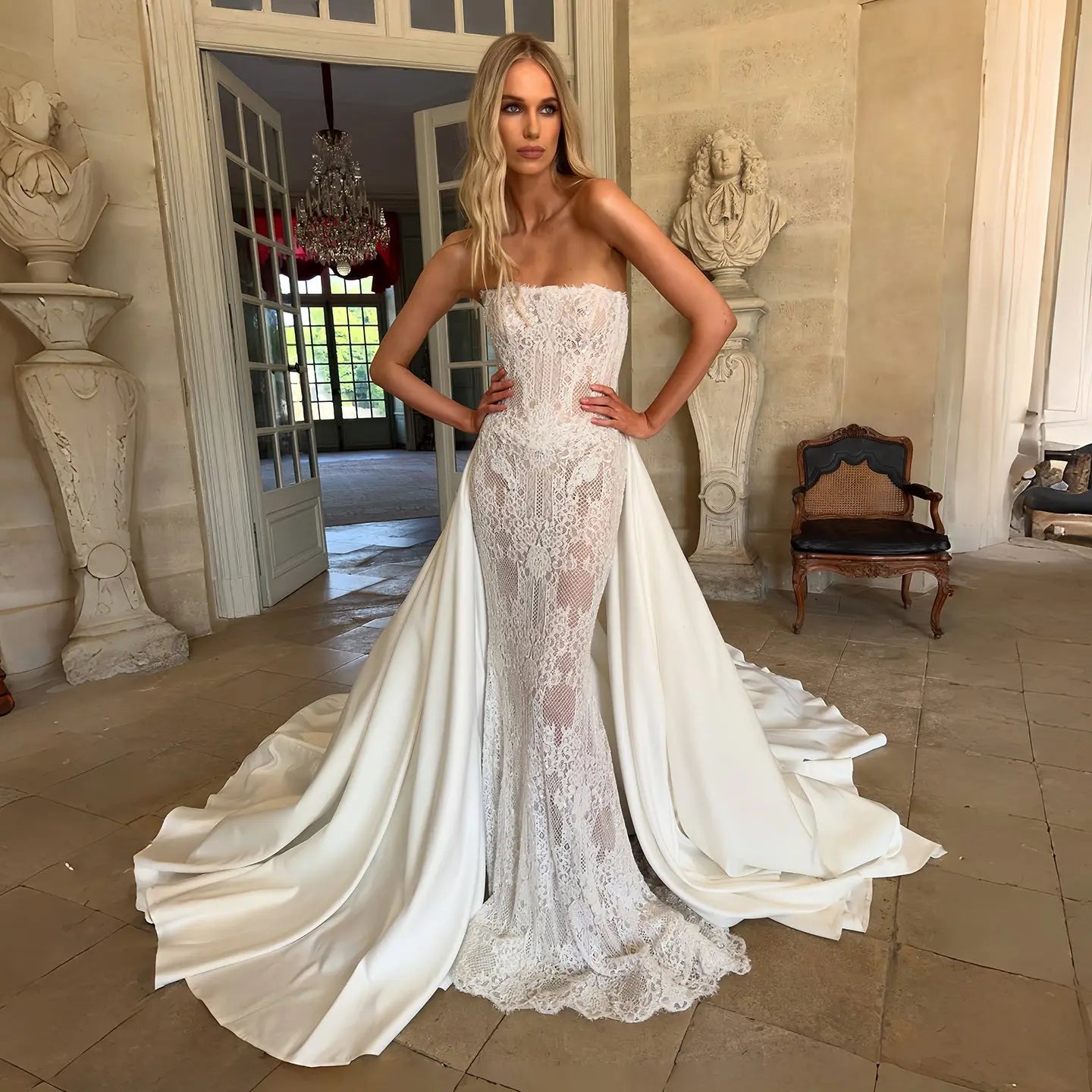 Luxury White Strapless Lace Mermaid Wedding Dress with Overskirt ZP086