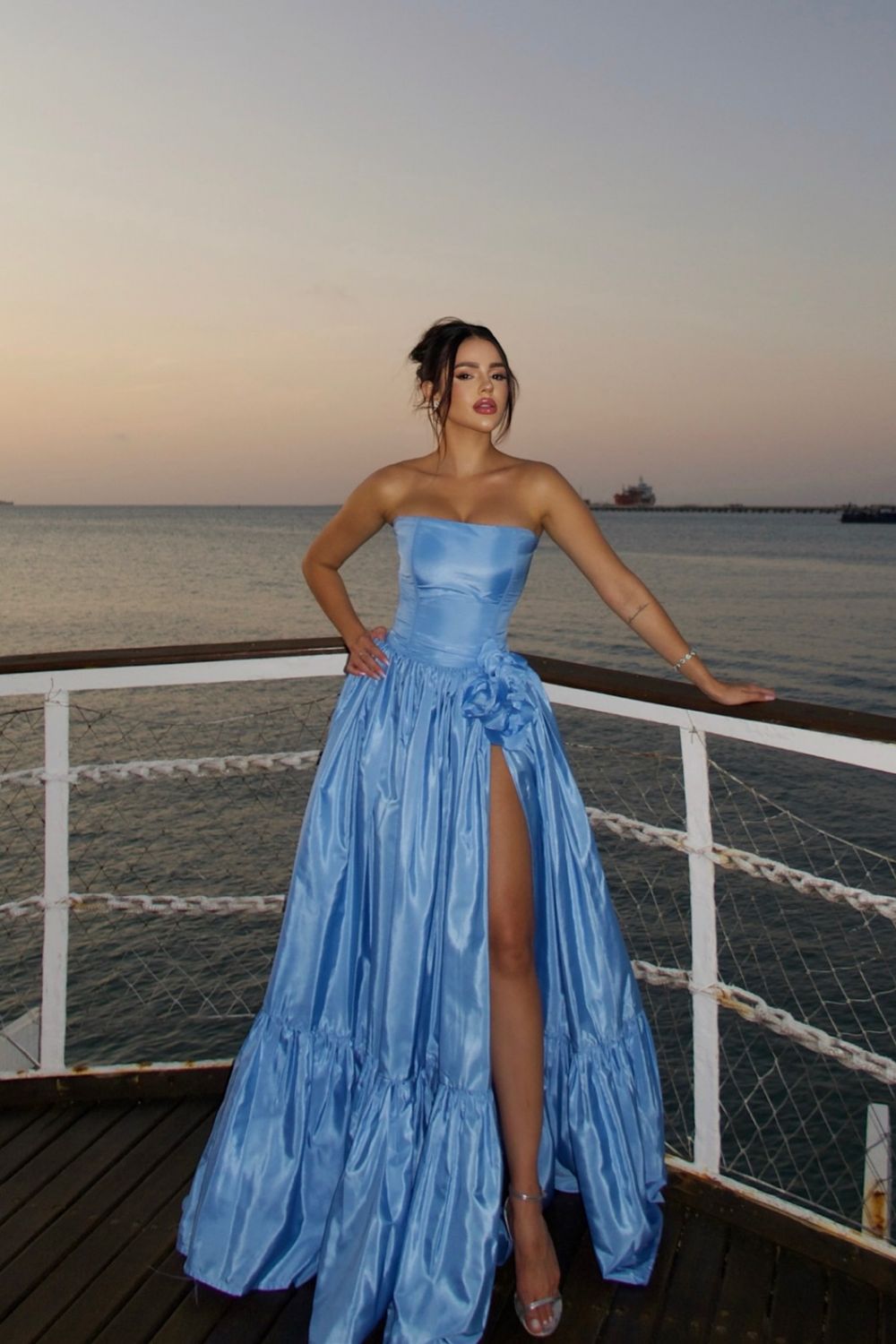 Charming A Line Strapless Blue Satin Long Prom Dress with Split Front - View 5 | VelvetHem