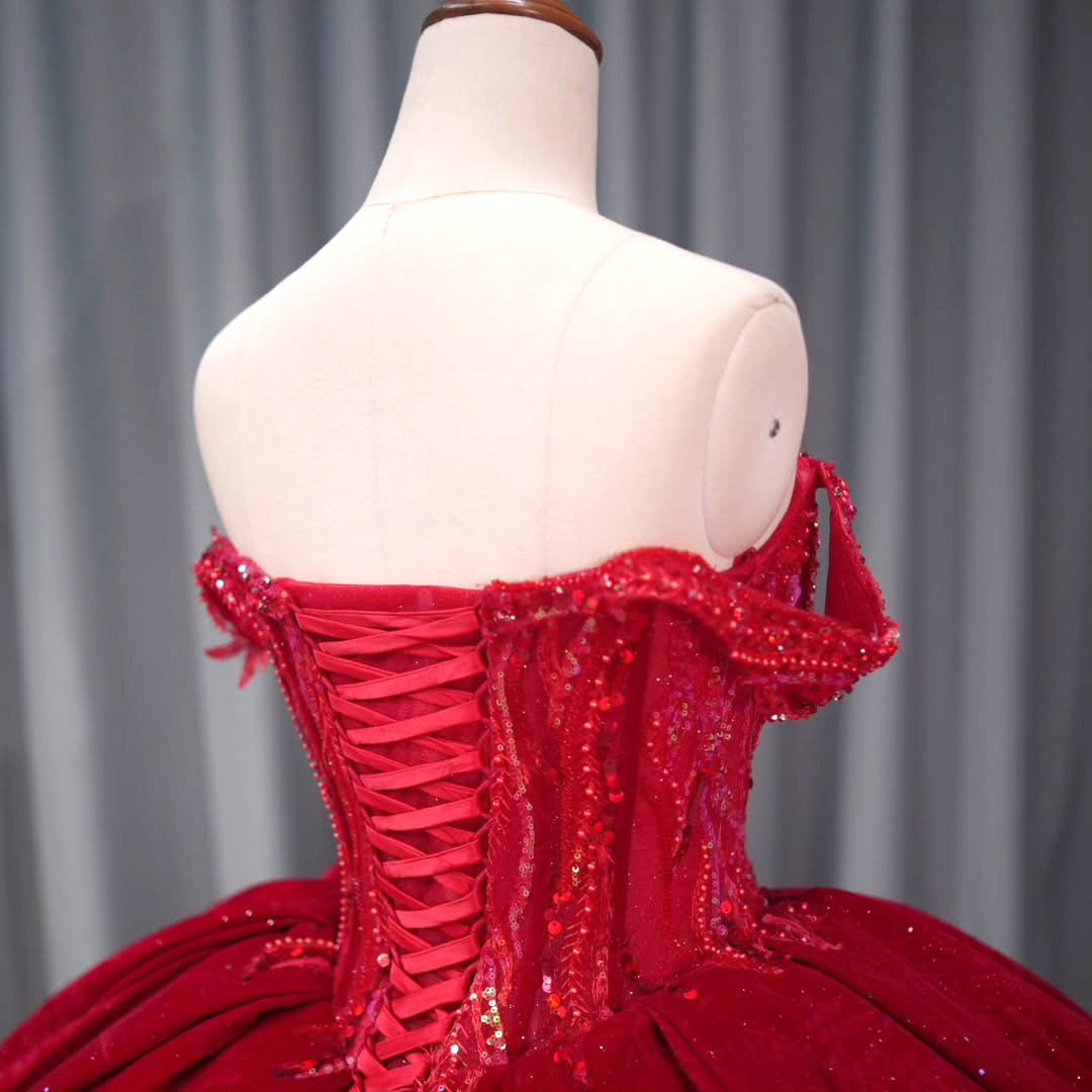 Gorgeous Ball Gown Off the Shoulder Red Quinceanera Dress with Appliques Beading - View 5 | VelvetHem