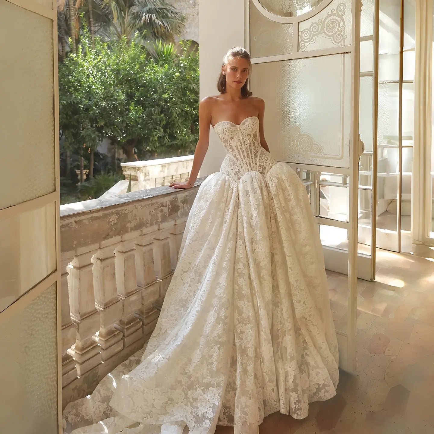 Bohemian Ivory Lace Strapless Ball Gown Wedding Dress ZP112