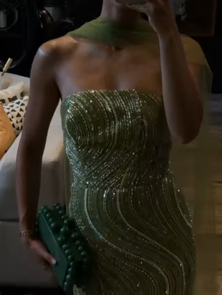 Gorgeous Strapless Apple Green Sequin Long Prom Dress Party Gown With Ribbon - View 3 | VelvetHem