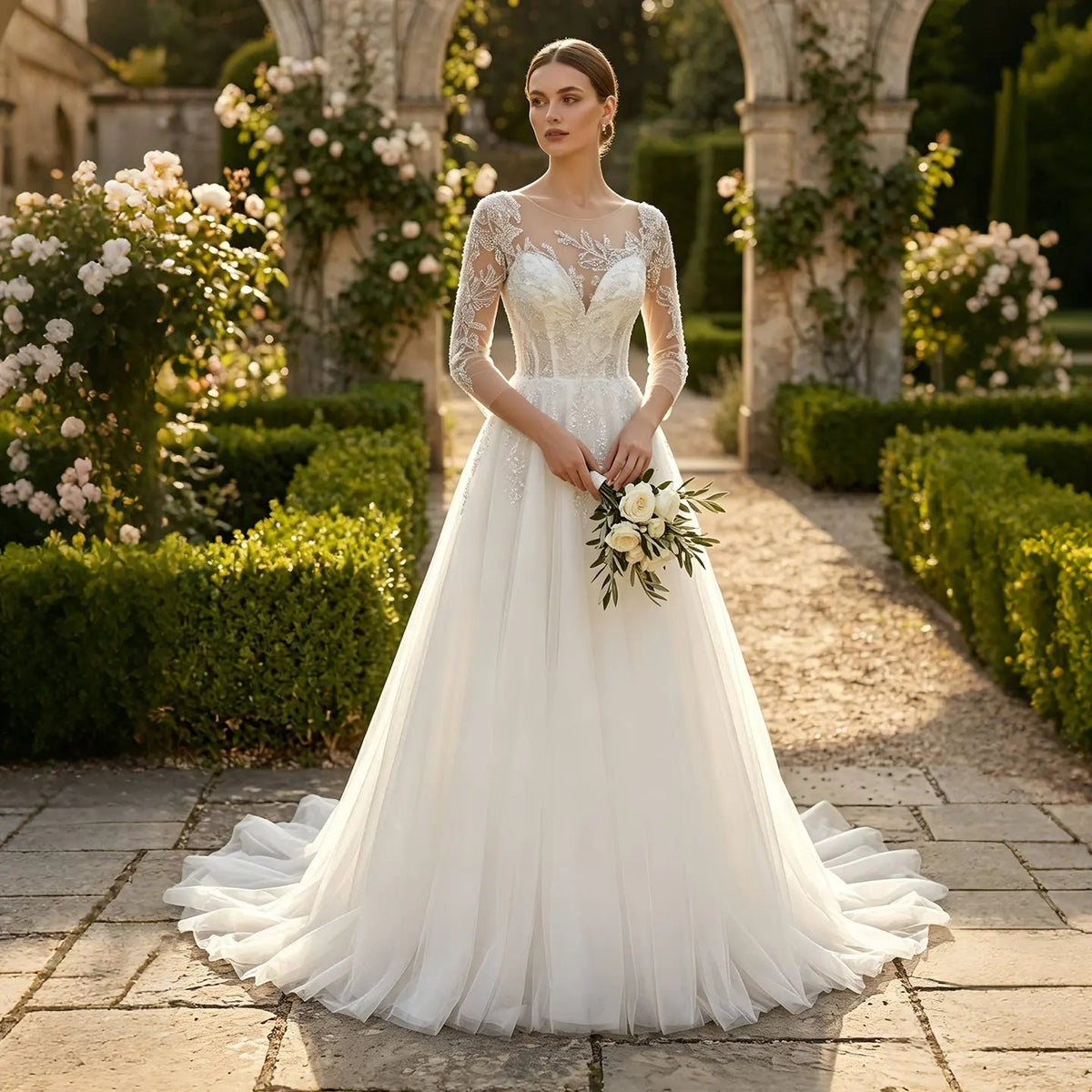 Glamorous White Illusion Neck Lace & Tulle Wedding Dress with Cathedral Train ZP063