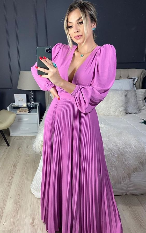 Sexy A-line Deep V Neck Long Sleeves Prom Dress - VelvetHem
