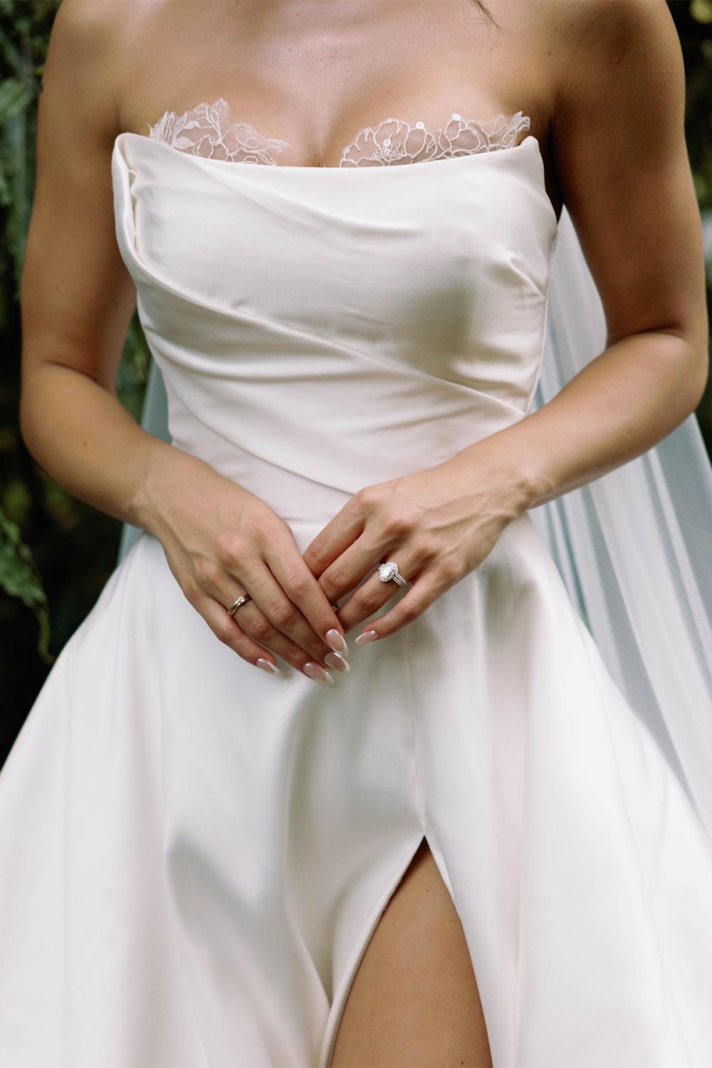Elegant A Line Strapless White Sating Long Wedding Dress with Split Front - View 2 | VelvetHem