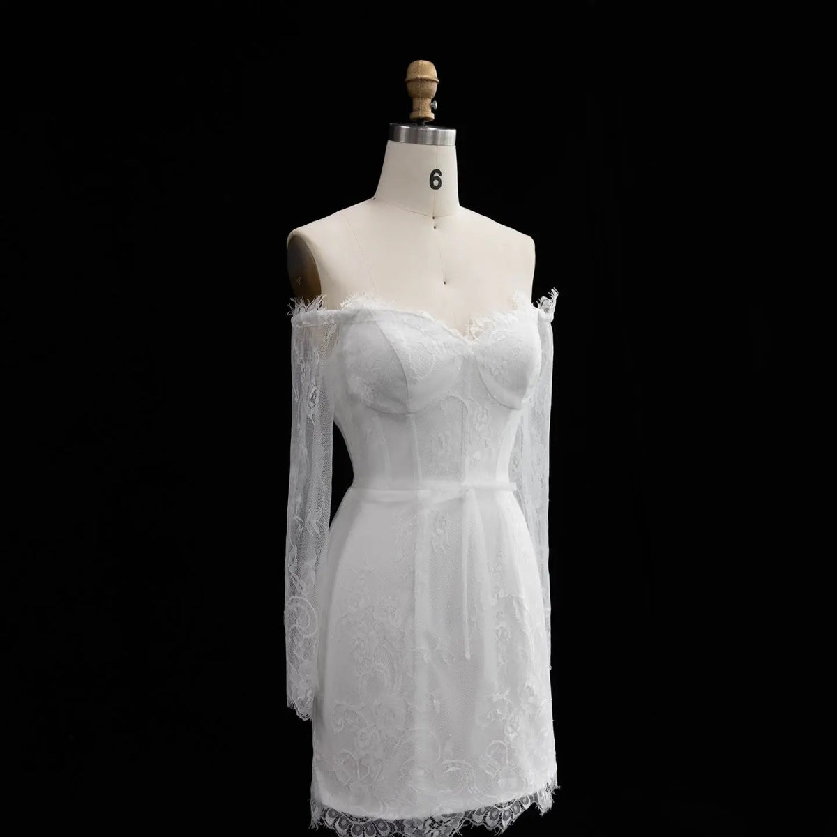 Luxury Ivory Off-the-Shoulder Long Sleeve Lace Mini Wedding Dress ZP134