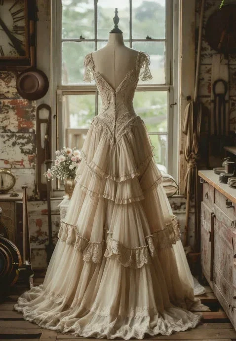 Vintage A Line Chiffon Lace Evening Dress Elegant Wedding Dress (ZD13725)