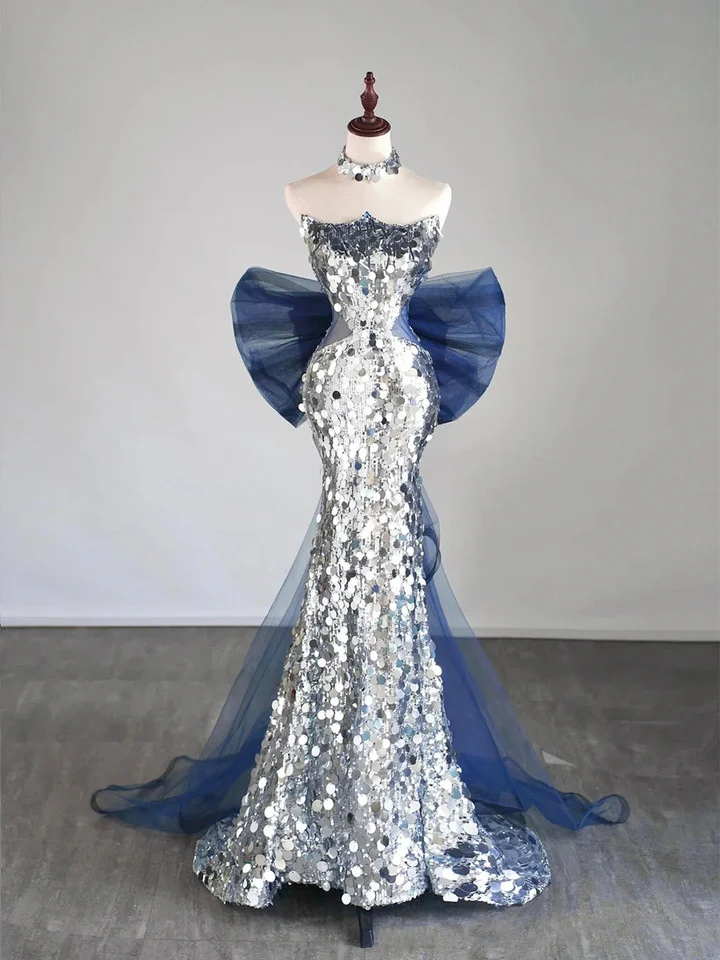 Glitter Silver Sequins Long Evening Dress Mermaid Prom Dress With Bow - VelvetHem