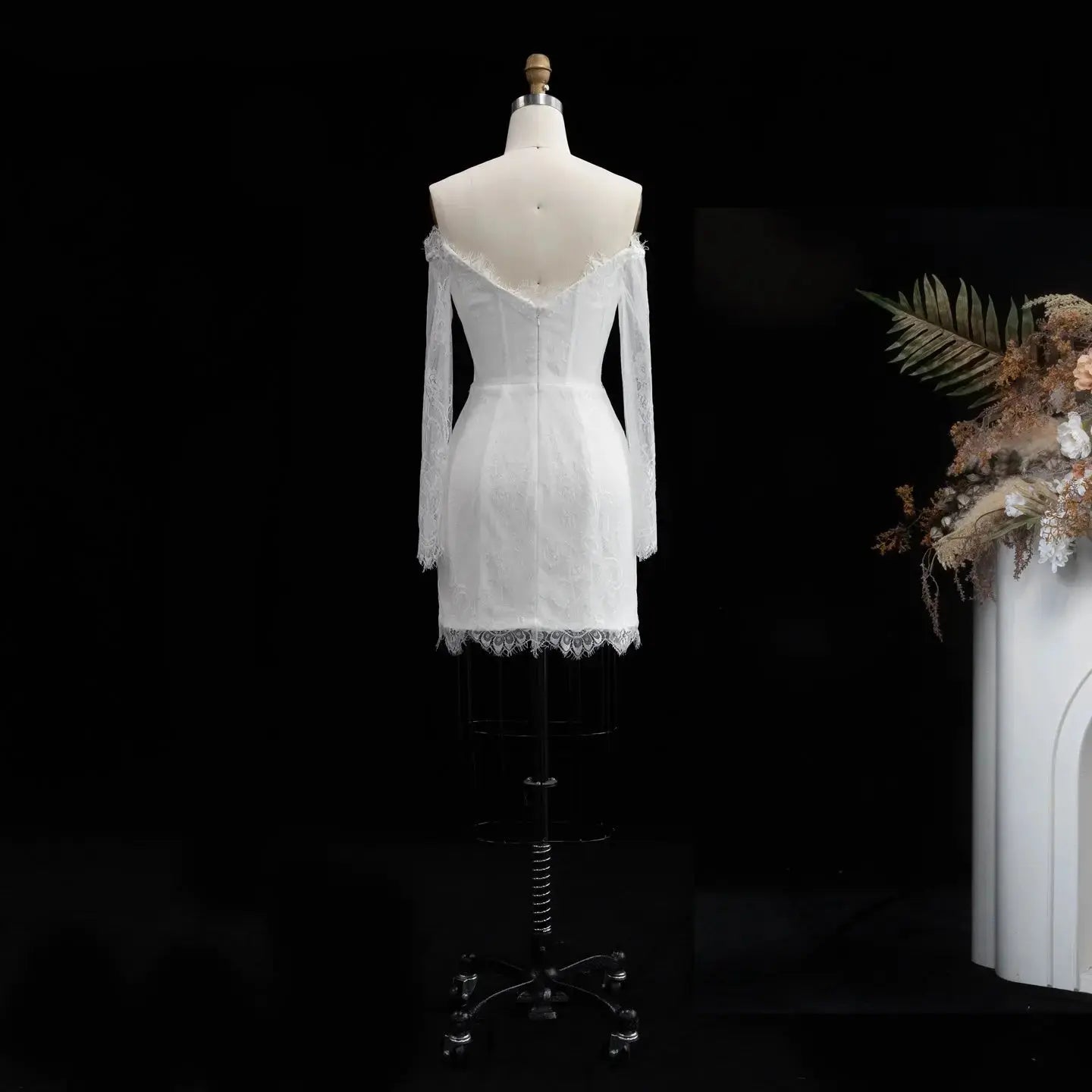 Luxury Ivory Off-the-Shoulder Long Sleeve Lace Mini Wedding Dress ZP134