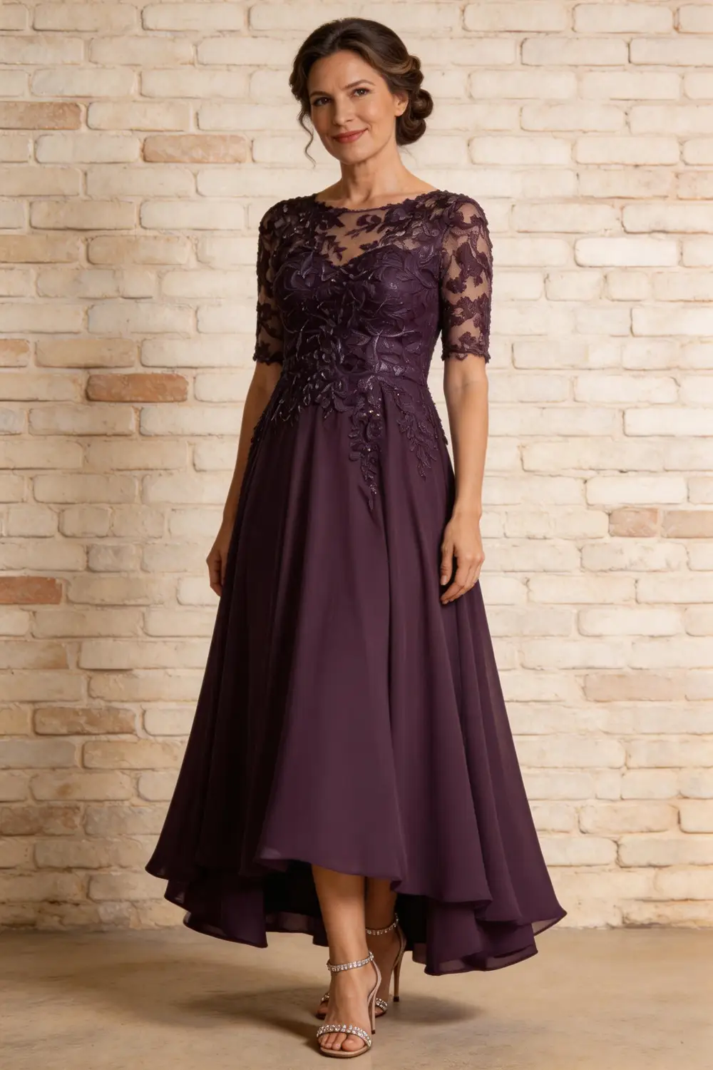 Elegant Plum Purple Lace Chiffon High-Low Mother of the Bride Dress by tangjianjun
