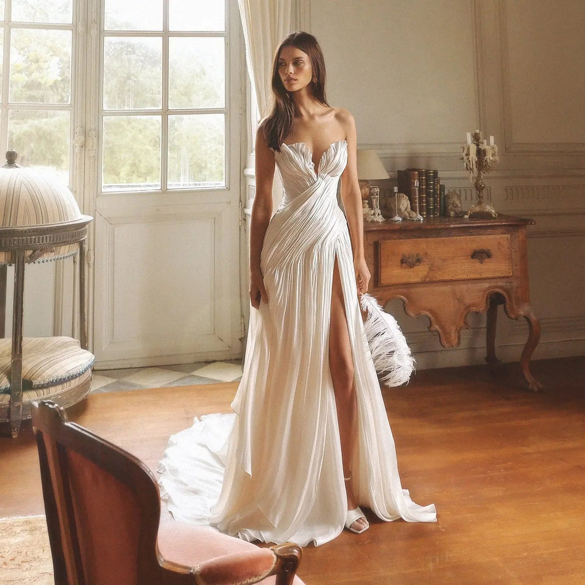 Strapless Ruched Wedding Dresses with High Leg Slit ZP023
