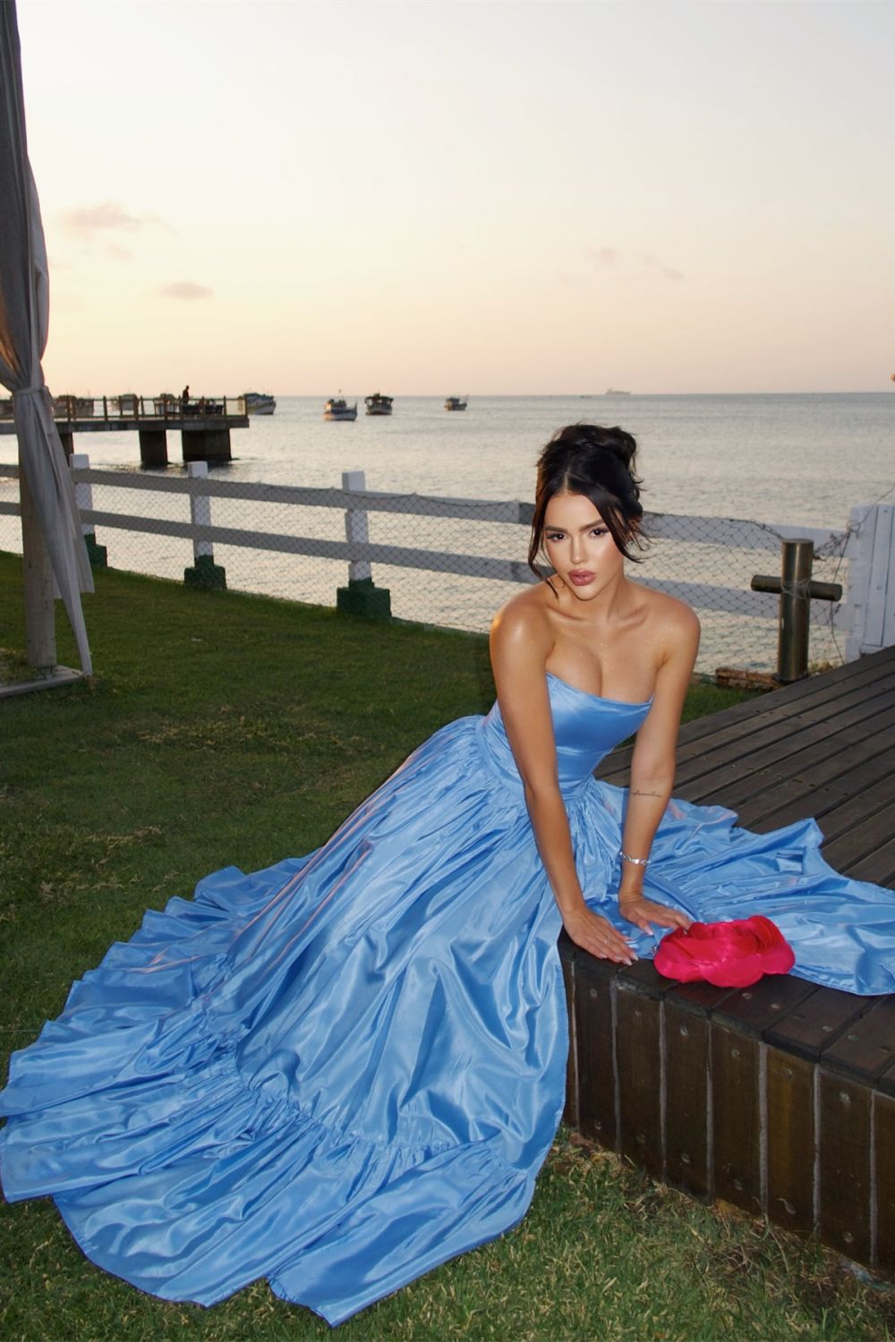 Charming A Line Strapless Blue Satin Long Prom Dress with Split Front - View 9 | VelvetHem