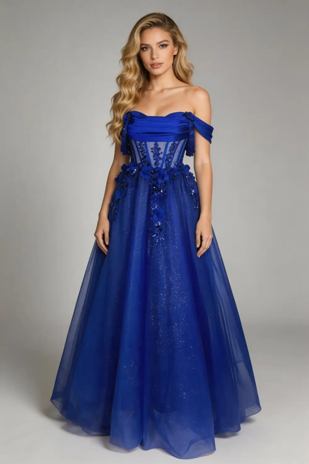 Royal Blue Off-the-Shoulder Corset Ball Gown, 3D Floral Glitter Prom Dress by tangjianjun