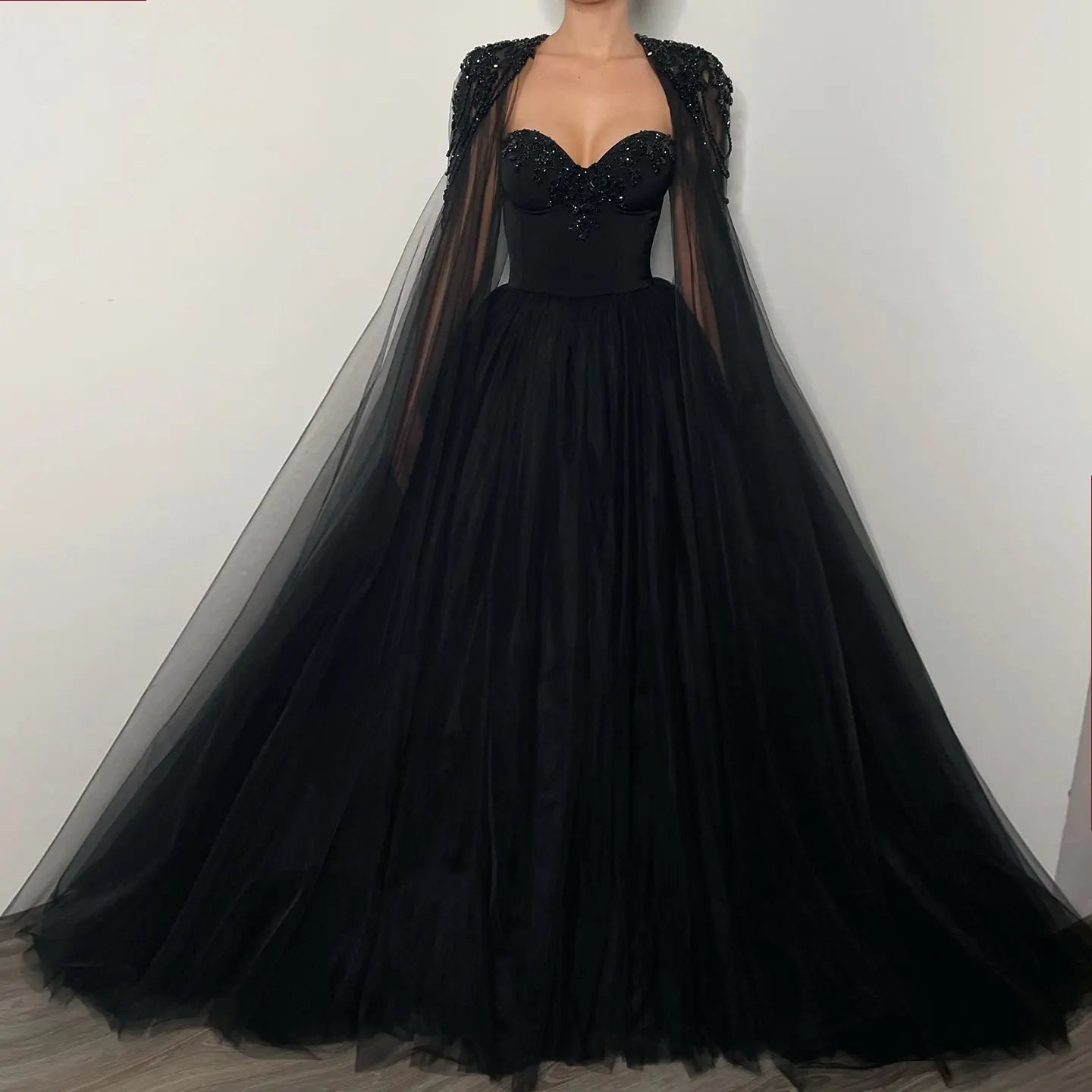 Black Luxury Gothic  Wedding Dress Beaded Tulle Ball Gown With Sheer Beaded Cape ZP028