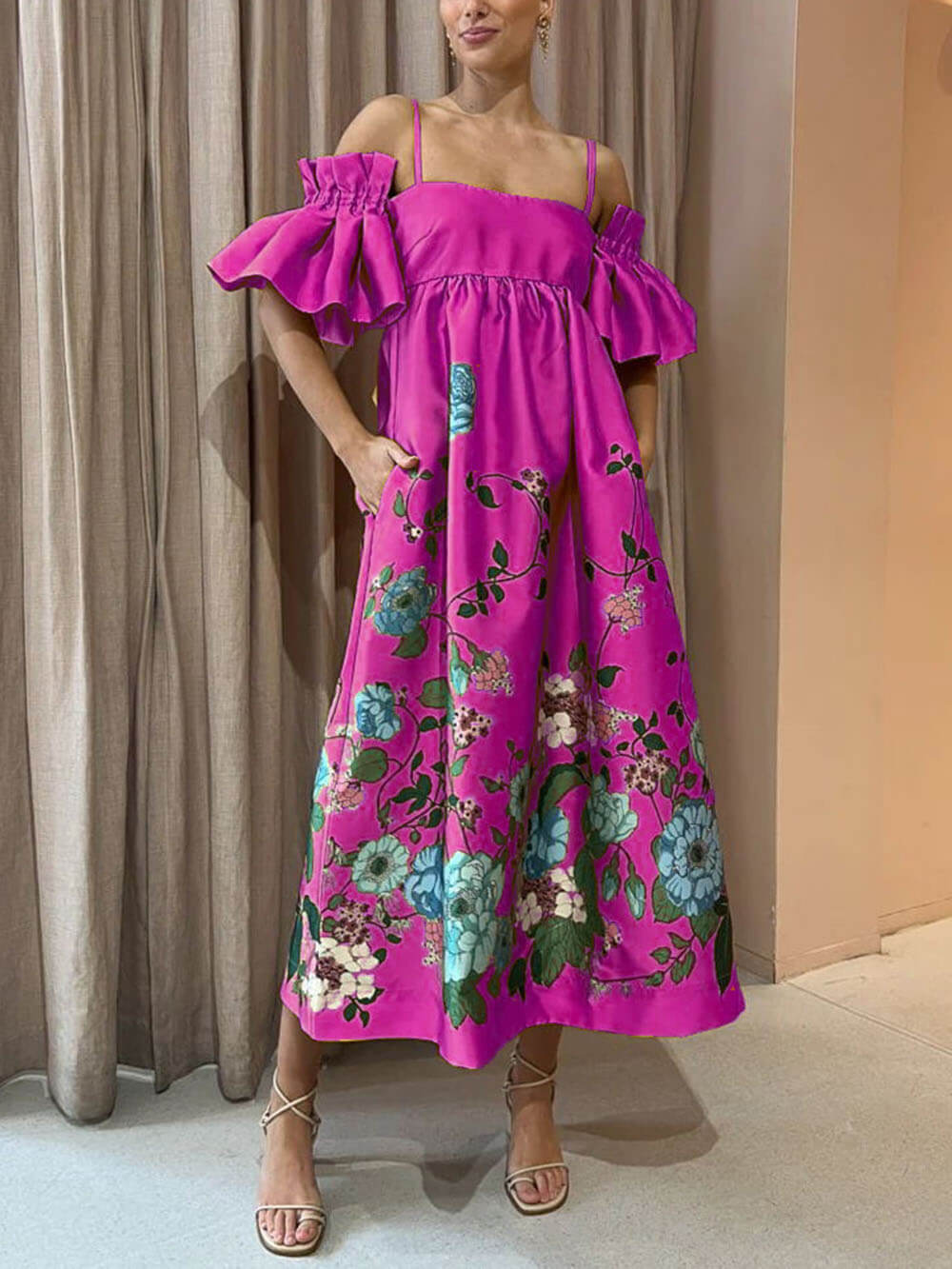 Marigold Printed Gathered Sleeve Pocketed A - Line Midi Dress