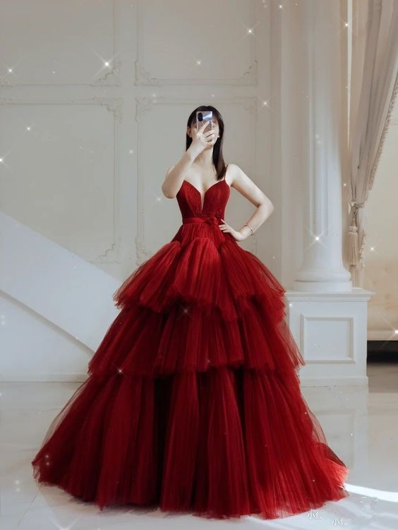 A-line Red Multi Tulle Prom Dress,Red Princess Dress - VelvetHem