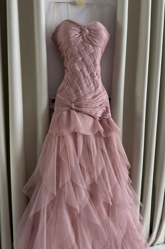 Pretty Pink Strapless Tulle Pleated Mermaid Evening Dress Long Birthday Party Dress - View 2 | VelvetHem
