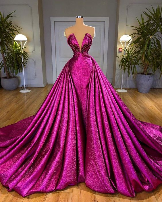 Fuchsia Glitter Prom Dresses Long Strapless V Neck Formal Evening Dress Celebrity Gown cc78 - VelvetHem