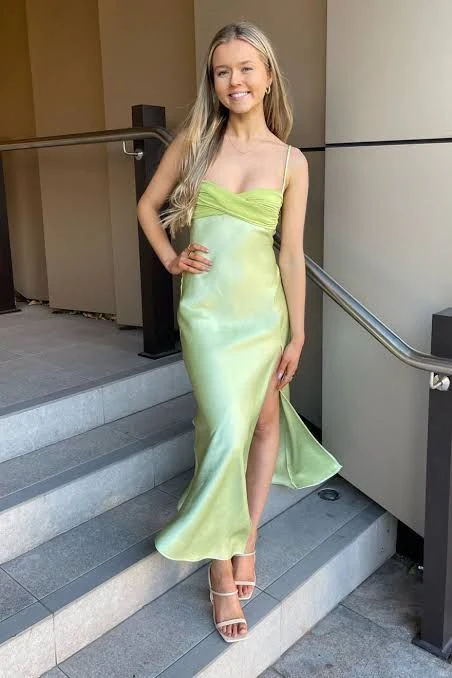 Chic Sage Green Straps Party Dress Slit Prom Evening Dress - View 2 | VelvetHem
