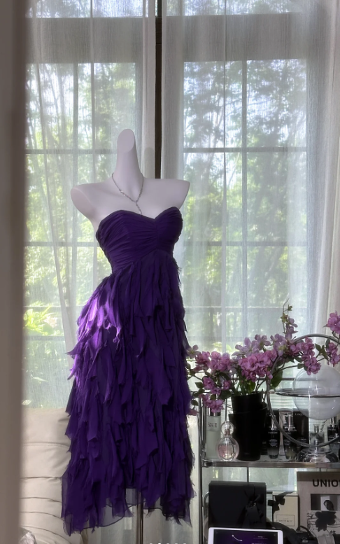 BeautifuL Sweetheart Neck Purple Chiffon Layered Long Prom Dress Formal Evening Dress