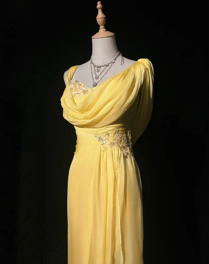 Glamorous Yellow Chiffon Sequin Mermaid Long Party Dress Prom Gown Formal Wedding Guest Dress - View 2 | VelvetHem