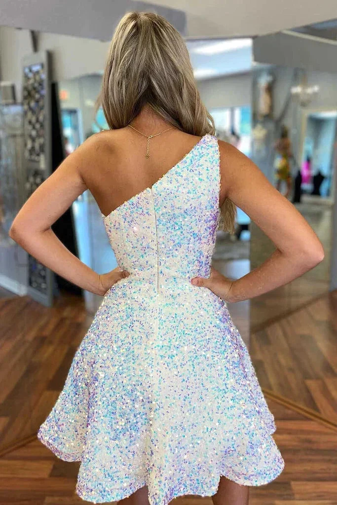 Sparkly A Line Sequined One Shoulder Homecoming Dress (ZD12474)