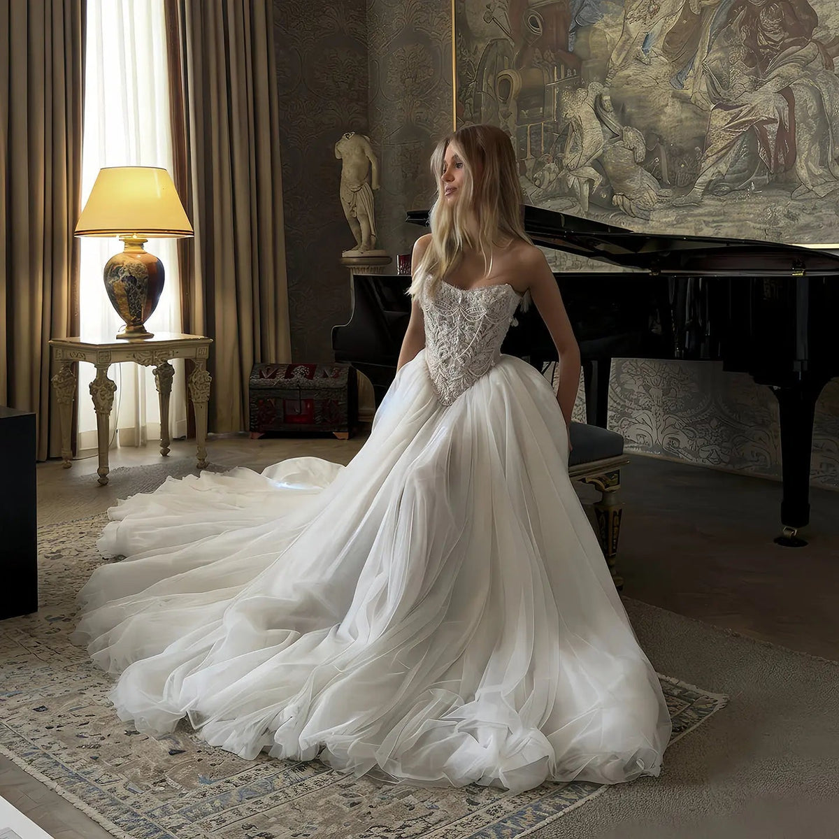 Elegant White Strapless Lace Corset Ball Gown Wedding Dress ZP100