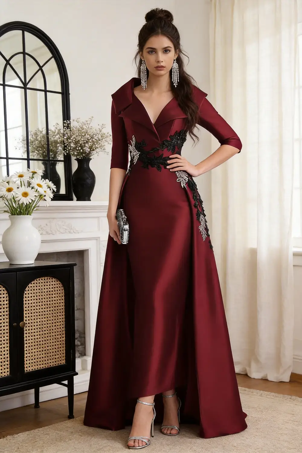 Burgundy Satin Mermaid Evening Gown With Floral Embroidered Lace Overskirt (ZD17147)