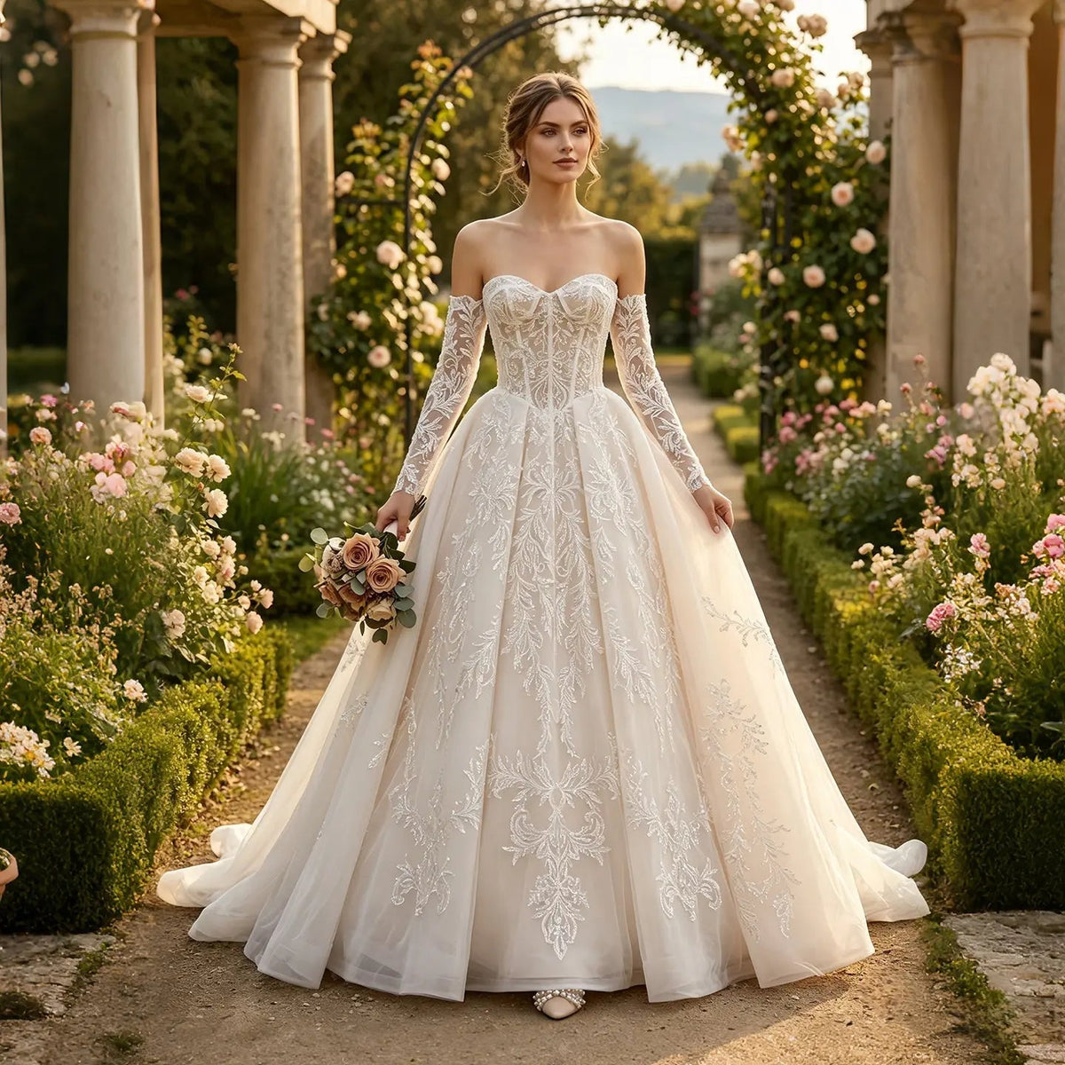 Elegant Ivory Strapless Corset Lace Tulle Bridal Gown Wedding Dress with Long Detachable Sleeves ZP067