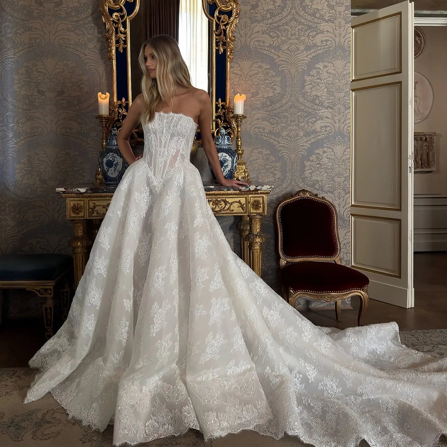 Regal White Strapless Sequin Sheer Lace Ball Gown Wedding Dress ZP097